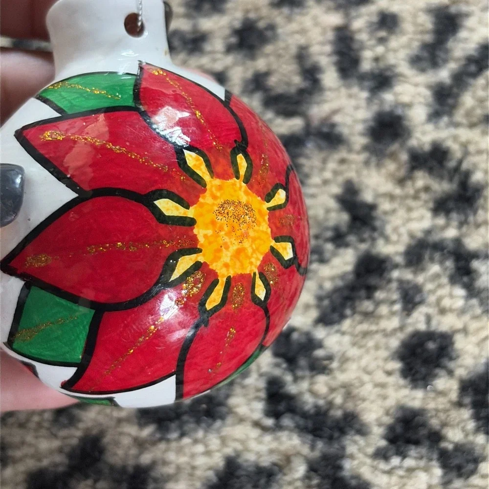 Hand Painted Floral - Clay Terra Cotta Ornament Ball Mexico -‎ Poinsetta Holiday